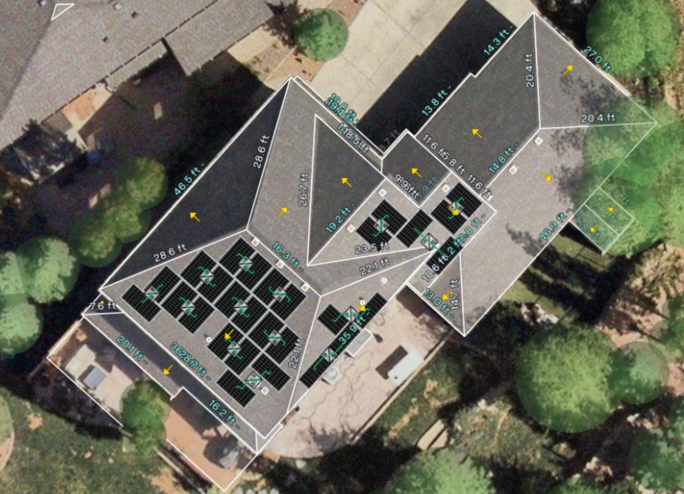 Drone proposal view with roof measurements and solar layout